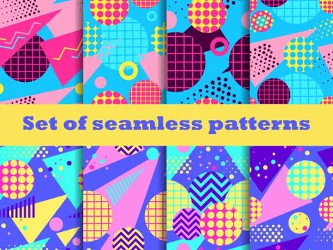 Memphis seamless patterns set. Geometric elements of Memphis in the style of  Stock Illustration