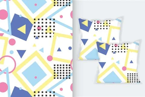 Memphis seamless patterns with Square pillow mockup. Illustrazione stock