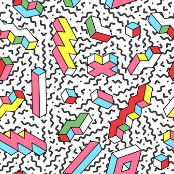 Memphis seamless vector pattern with 3d shapes. Fashion style 80-90s. Stock Illustration