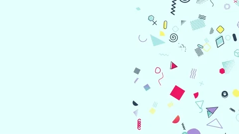 Memphis shapes raining down on the right side of aqua background Видео 348277437