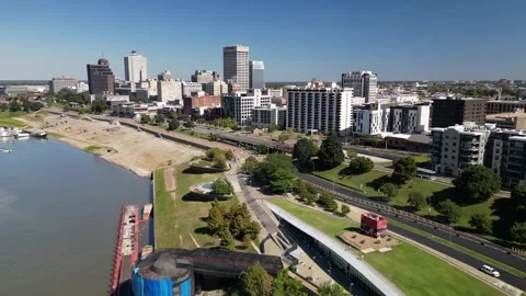 Memphis Skyline Approach – Drone Over River on Sunny Day Stock Footage 320807014