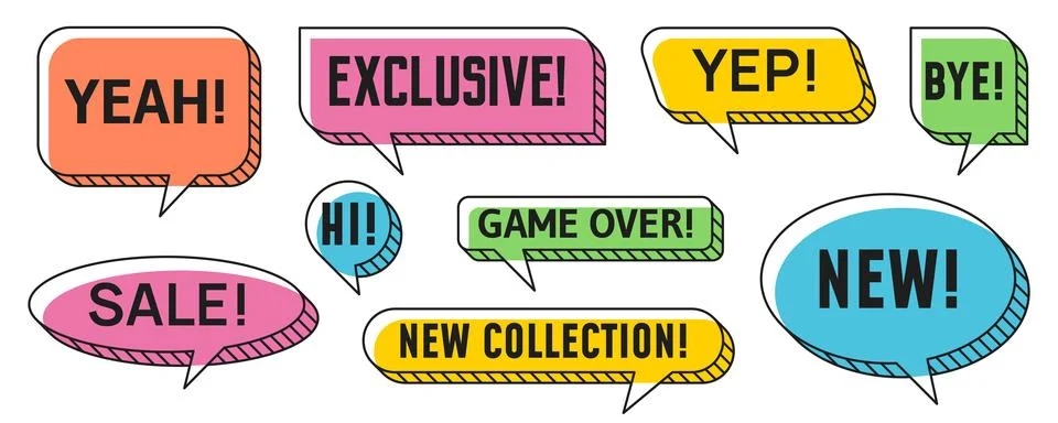 Memphis speech bubbles, clouds isolated vector set Stock Illustration