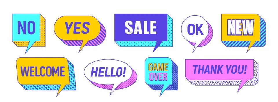 Memphis speech bubbles, message box cloud frames 스톡 일러스트