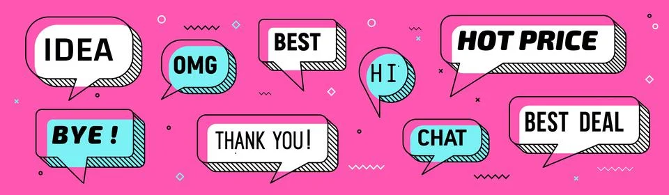Memphis speech bubbles, message clouds with text Stockillustratie