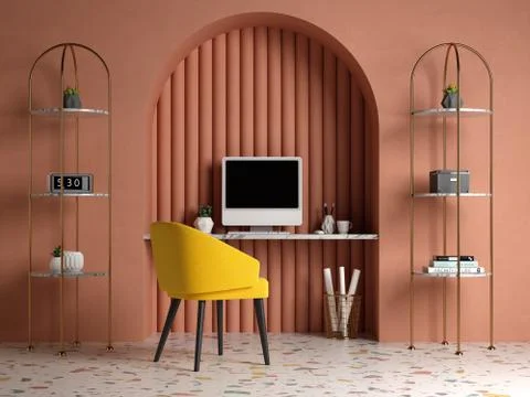 Memphis style conceptual interior Home office 3 d illustration Stock Illustration