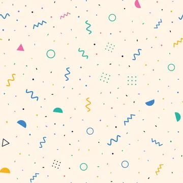 Memphis style confetti seamless pattern with colorful squiggles, triangles, Stock Illustration