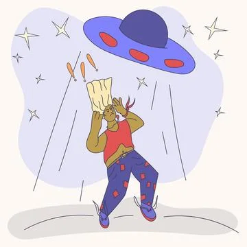Memphis style drawing of an abstract man being abducted by a ufo color vect.. Stock Illustration