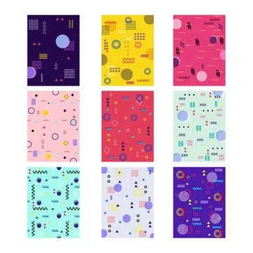 Memphis style geometric patterns creating abstract backgrounds set Stock Illustration