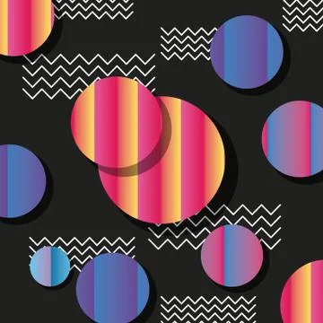Memphis style pattern circles and zig zag black background Stock Illustration