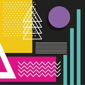 Memphis style pattern repeating geometric shape pastel color and dark background Stock Illustration