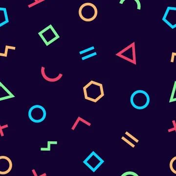 Memphis style seamless pattern. Abstract geometric background with dark backd Stock Illustration