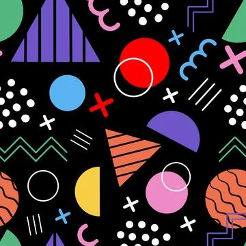 Memphis style seamless pattern on black Stock Illustration