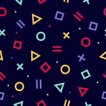 Memphis style seamless pattern. Colorful geometric background with dark backd Stock Illustration
