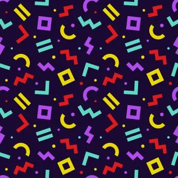 Memphis style seamless pattern. Colorful geometric chaotically oriented shape Illustrazione stock