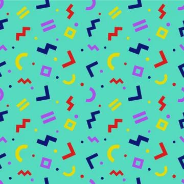 Memphis style seamless pattern. Colorful geometric chaotically oriented shape Stock Illustration