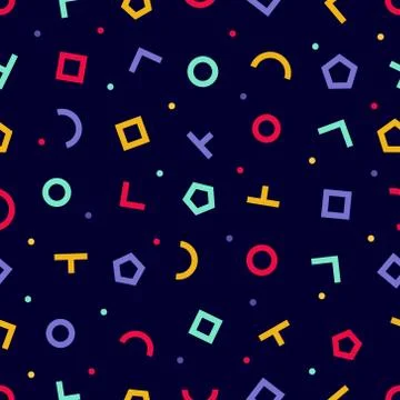 Memphis style seamless pattern. Colorful geometric background with dark backd Stock Illustration