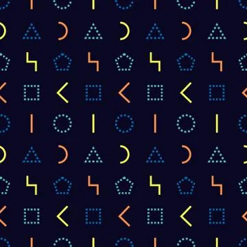 Memphis style seamless pattern. Geometric dashed and solid line shapes with d Stock Illustration