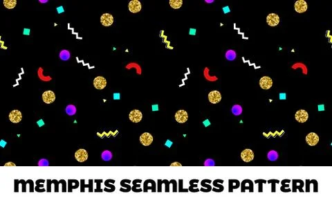 Memphis style seamless pattern with golden glitter circles and shapes Illustrazione stock