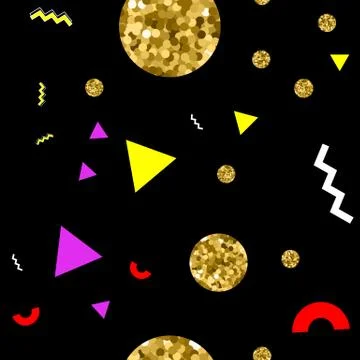 Memphis style seamless pattern with golden glitter circles and shapes Illustrazione stock