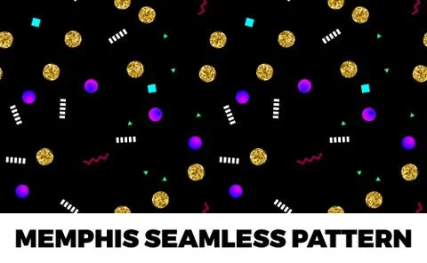 Memphis style seamless pattern with golden glitter circles and shapes Illustrazione stock