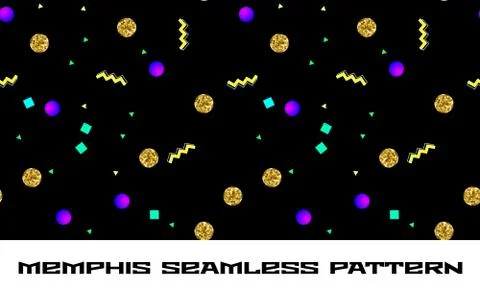 Memphis style seamless pattern with golden glitter circles and shapes 스톡 일러스트