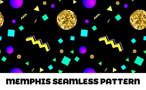 Memphis style seamless pattern with golden glitter circles and shapes 스톡 일러스트