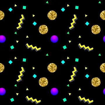 Memphis style seamless pattern with golden glitter circles and shapes Stock Illustration