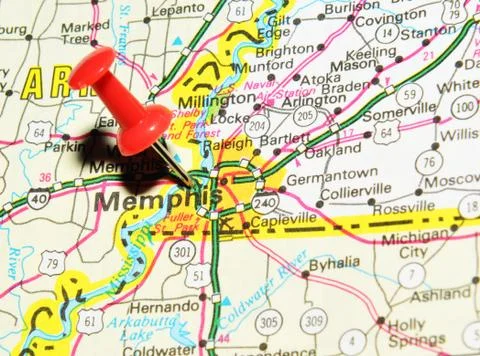 Memphis, Tennessee marked with red pushpin on the map Stock Photos