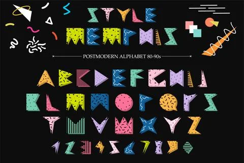 Memphis vector color font with funky letters and numbers. Retro alphabet in.. Stock Illustration