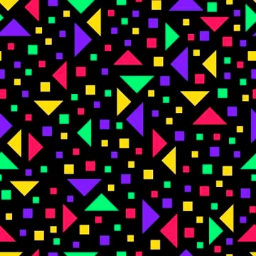 Memphis vector seamless pattern with geometric elements, on black background. Stock Illustration