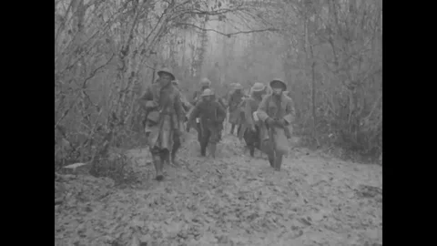 Men of 16th,18th and 28th Inf walk and Brig Gen Parker talk with refugees - 1918 Stock Footage 98959844