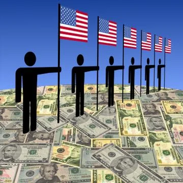 Men with american flags on dollars Illustrazione stock