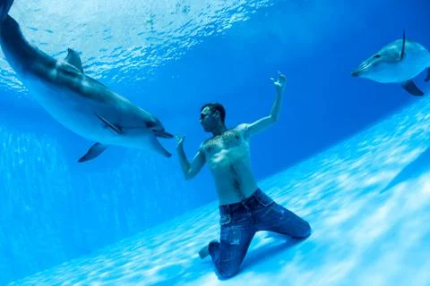 Men and two dolphin Foto stock