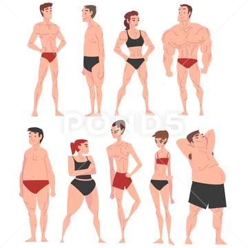 Men and Women in Underwear Set, Different Human Body Constitution, Male and Stock Illustration