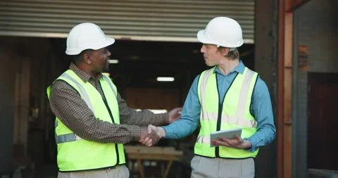Men, architect or tablet with handshake for building agreement or construction Stock Footage 341377386