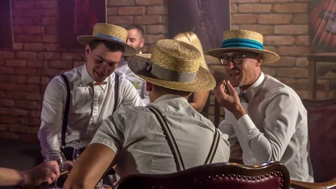 Men are engaged in a conversation in a bar Stock Footage 112193056