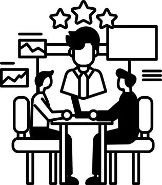 Men are sitting around a table with a man in the middle Stock Illustration