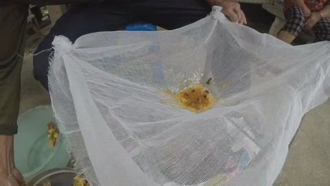 Men are squeezing honeycomb to honey Stock Footage 110823768