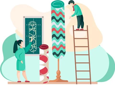 Men are working on design of new rug, choose size and pattern. Manufacture of Stock Illustration
