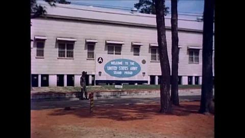 Men arriving at the basic combat training center and line up in America in 1967 Stock Footage 95068261