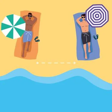 Men on the beach practicing social distancing scene ,summer time vacations 스톡 일러스트