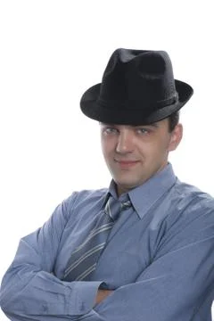 Men on black hat close up Foto stock