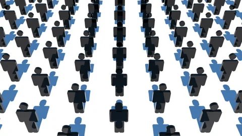 Men in Black. A system of black figures casts blue shadows on a white field Stock Footage 128255857