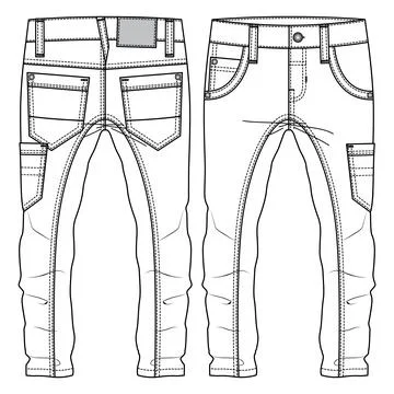 Men Boys Multiple Pockets Pant fashion flat sketch template Stock Illustration