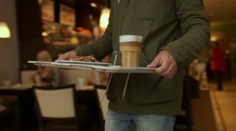 Men Bringing a Coffe with Biscuits in Cafe Stock Footage 66340869