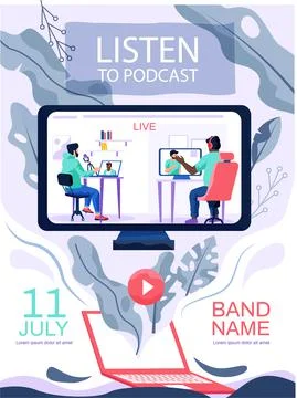 Men broadcast live in studio or radio station. Listening to podcasts online Illustrazione stock