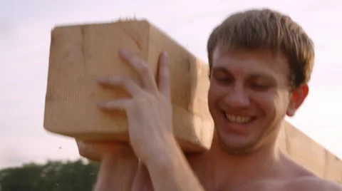 Men build a blockhouse of beams 3 Stock Footage 44448982