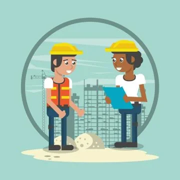 Men builders working under construction scene Stock Illustration
