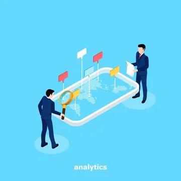 Men in business suits analyze data from a map of the world, an isometric imag Stock Illustration