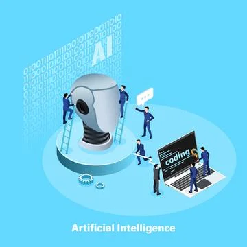 Men in business suits develop and implement artificial intelligence using a l Illustrazione stock